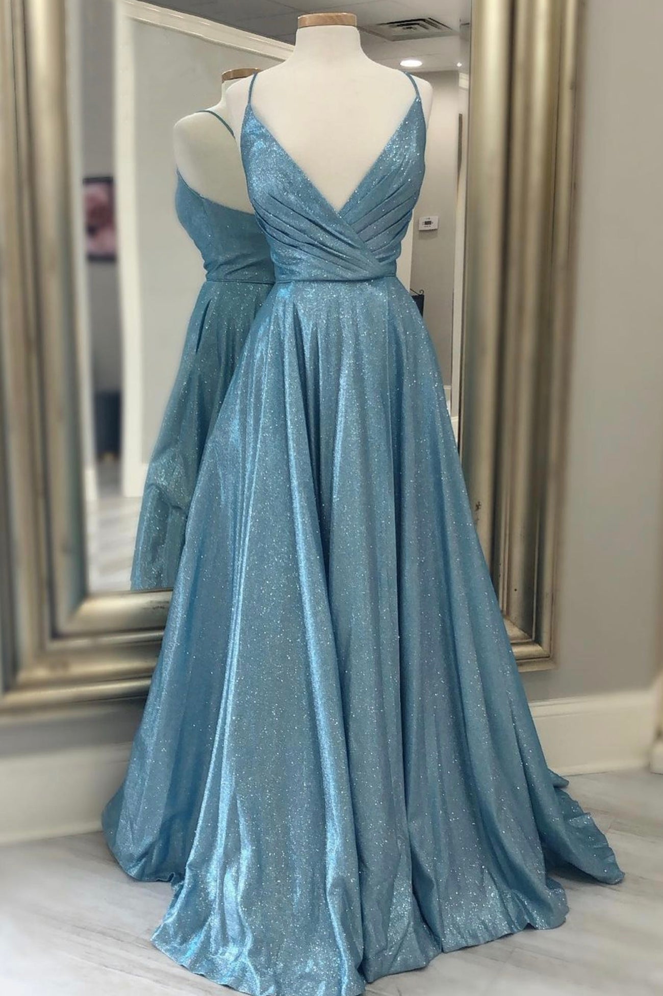 Formal Dresses Summer, Blue V-Neck Long Prom Dresses, A-Line Blue Evening Dresses