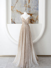 Wedding Pictures Ideas, Champagne Spaghetti Strap Sequins Long Prom Dress, Shiny V-Neck Evening Dress