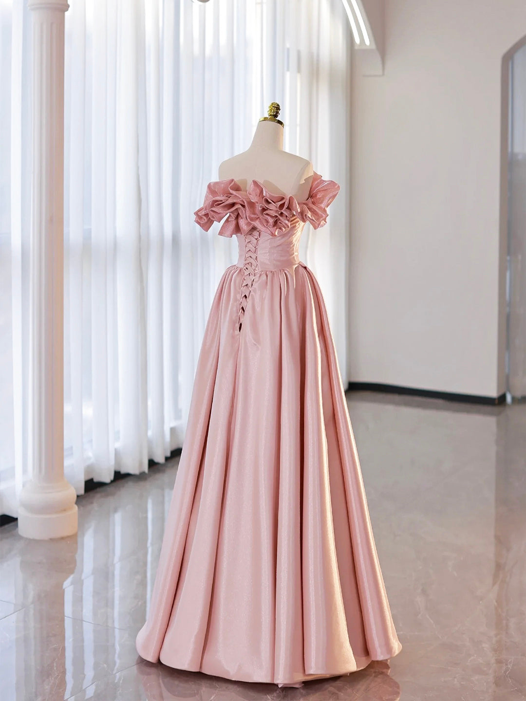 Prom Dress Designer, Off the Shoulder Satin Burgundy/Pink A-line Princess Dresses