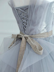 Bridesmaid Dresses Mismatch, Gray Strapless Tulle Lace Long Prom Dress, A-Line Evening Party Dress