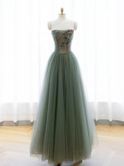 Prom Dresses Curvy, A-Line Green Tulle Long Prom Dress, Off the Shoulder Evening Party Dress