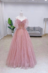 Homecoming Dress Websites, Pink Tulle Sequins Long Prom Dress, Cute A-Line Evening Dress
