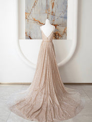 Beach Wedding Guest Dress, Champagne Spaghetti Strap Sequins Long Prom Dress, Shiny V-Neck Evening Dress
