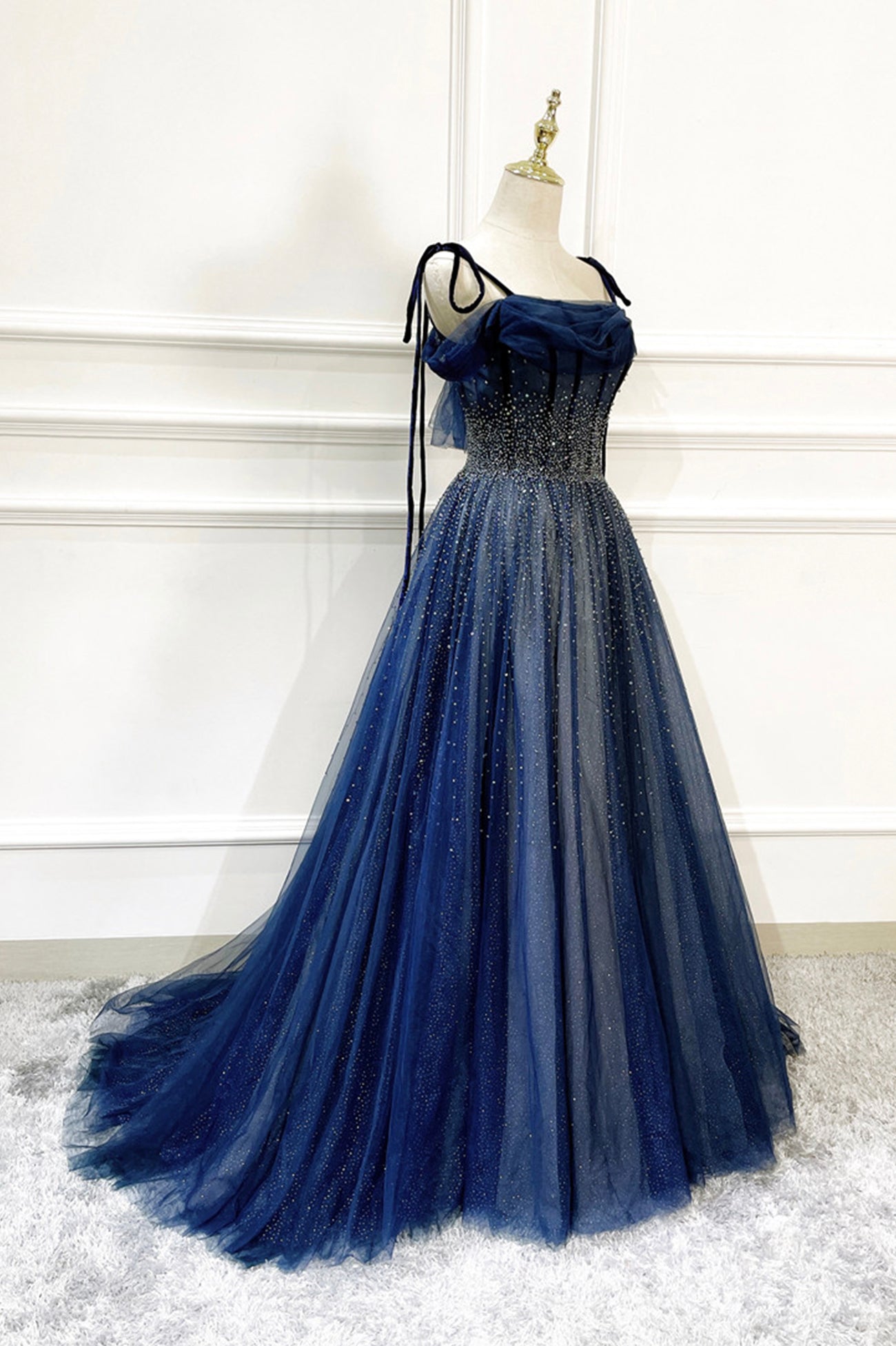 Beauty Dress Design, Blue Long Tulle Beaded Prom Dress, Blue Evening Party Dress