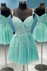 Prom Dress With Sleeve, A-Line Tulle Lace Short Prom Dress, Cute Spaghetti Strap Party Dress