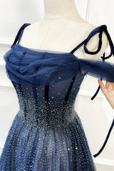 Champagne Prom Dress, Blue Long Tulle Beaded Prom Dress, Blue Evening Party Dress