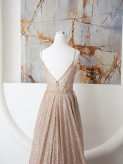 Fashion Dress, Champagne Spaghetti Strap Sequins Long Prom Dress, Shiny V-Neck Evening Dress