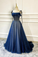 Bridesmaid Gown, Blue Long Tulle Beaded Prom Dress, Blue Evening Party Dress