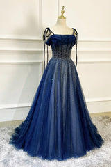 Red Gown, Blue Long Tulle Beaded Prom Dress, Blue Evening Party Dress