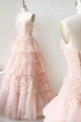 Homecoming Dress Red, Pink Tulle Lace Long Prom Dresses, A-Line Strapless Evening Dresses