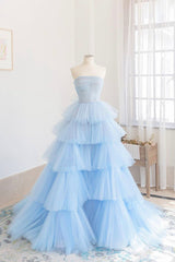 Homecoming Dresses 2035, Blue Layers Tulle Long Prom Dresses, A-Line Strapless Evening Dresses