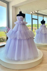 Evening Dress With Sleeves, Purple Strapless Tulle Long Ball Gown, A-Line Formal Sweet 16 Dress