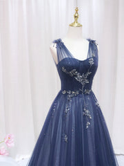 Mermaid Prom Dress, Blue Tulle Beaded Long Prom Dress, Blue Evening Party Dress
