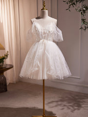 Prom Dresses For Teens Long, Ivory V-Neck Beaded Straps Party Dress, Ivory Knee Length Prom Dress