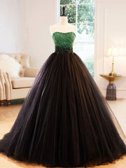 Prom Dresses With Slit, Black Strapless Tulle Long Prom Dress with Green Beaded, A-Line Formal Dress