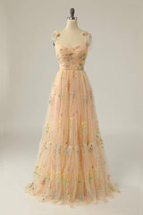 Party Dress Trends, Champagne Lovely Tulle Lace Long Prom Dress, Champagne Evening Dress