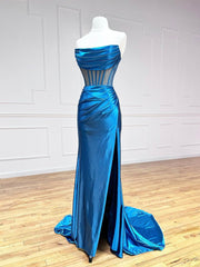 Evening Dresses On Sale, Blue Strapless Pleated Long Prom Dress, Blue Satin Party Dress