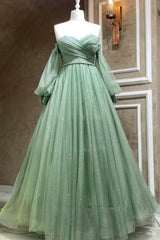 Prom Dress Chiffon, Green Tulle Long Sleeve Prom Dress, A-Line Off the Shoulder Evening Dress