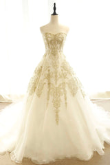 Prom Dresses Laced, Long Champagne Strapless Tulle Lace Prom Dress, A-Line Evening Dress with Train