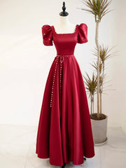 Party Dresses For Over 64S, Burgundy Satin Short Sleeve Floor Length Prom Dress, Burgundy Evening Dress with Pearls