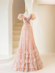 Prom Dress Short, Pink Sequins Long Prom Dress, Lovely A-Line Short Sleeve Evening Party Dress