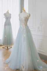 Formal Dresses For Winter Wedding, Blue Tulle Lace Long Prom Dress, A-Line Strapless Evening Dress