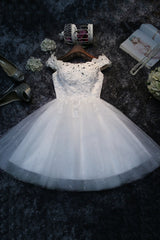 Winter Wedding, Cute Lace Short A-Line Prom Dresses, Off the Shoulder Party Dresses