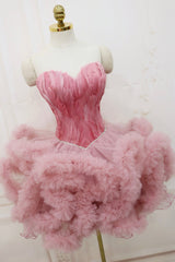 Prom Dresses Cheap, Pink Sweetheart Neck Short Prom Dress, A Line Party Dress with Feather