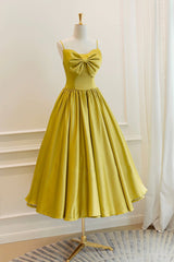 Party Dress Halter Neck, Yellow Satin Short Prom Dresses, Cute A-Line Bow Homecoming Dresses