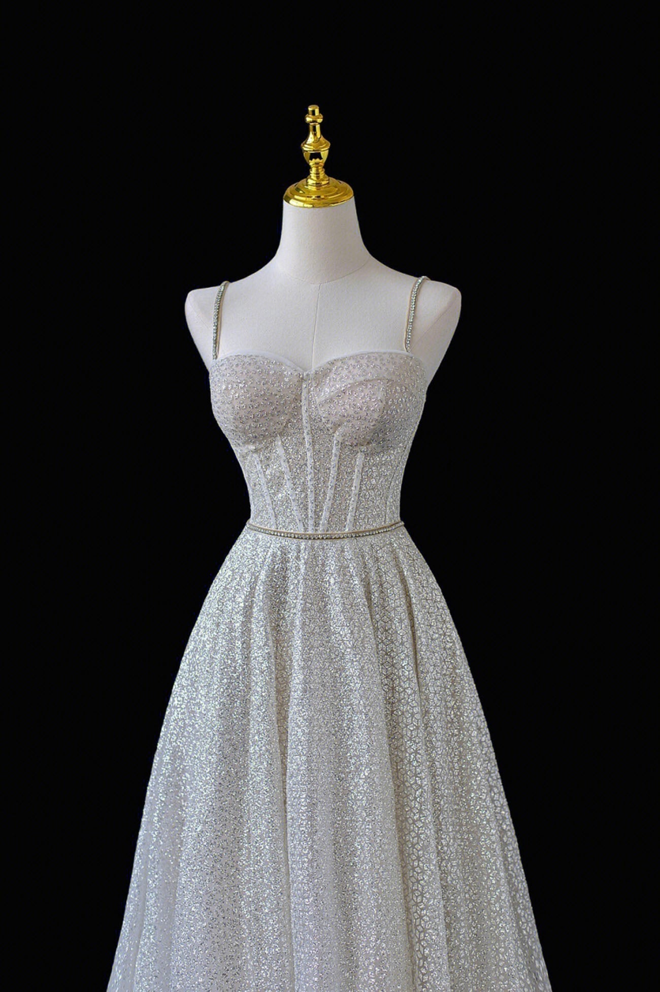 Prom Dresses Champagne, A-Line Straps Tulle Sequins Long Senior Prom Dress