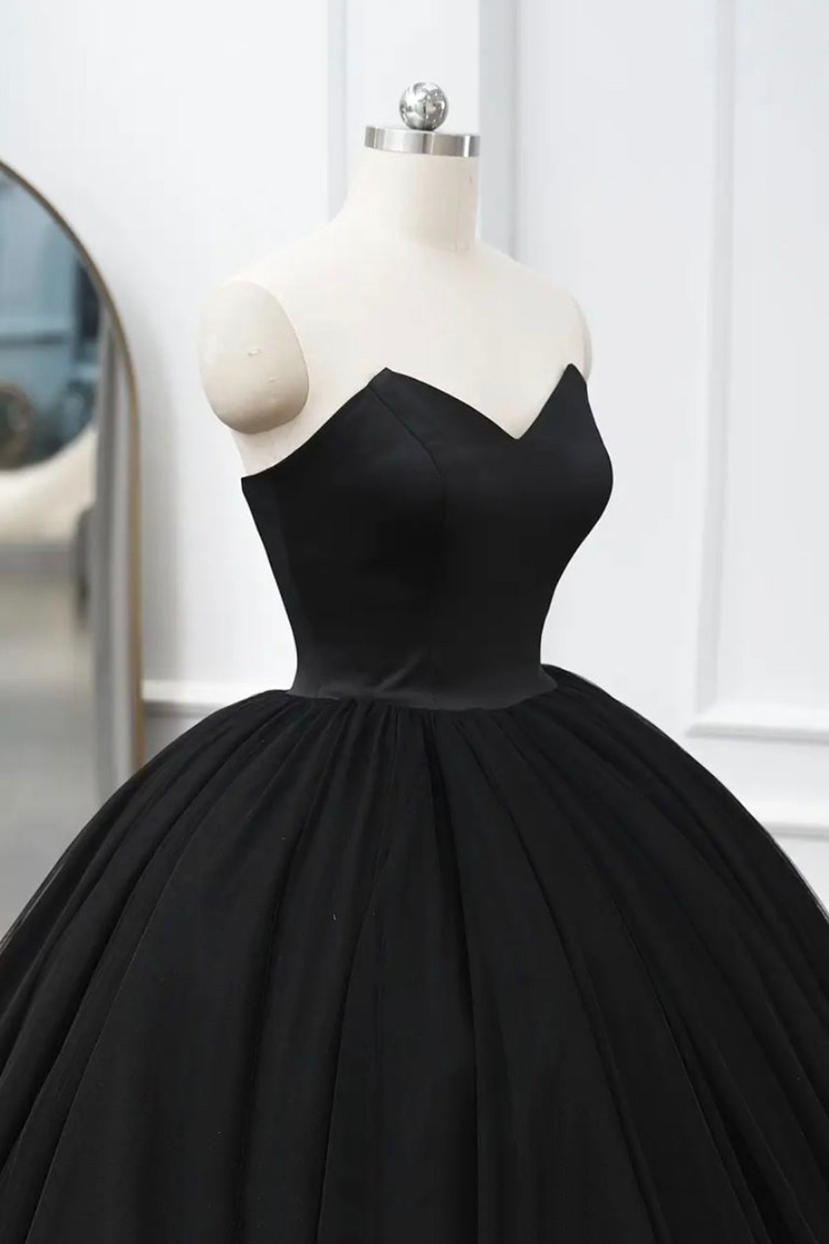 Prom Dresses Long, Black Tulle Long A-Line Prom Dresses, Black Strapless Long Evening Dresses