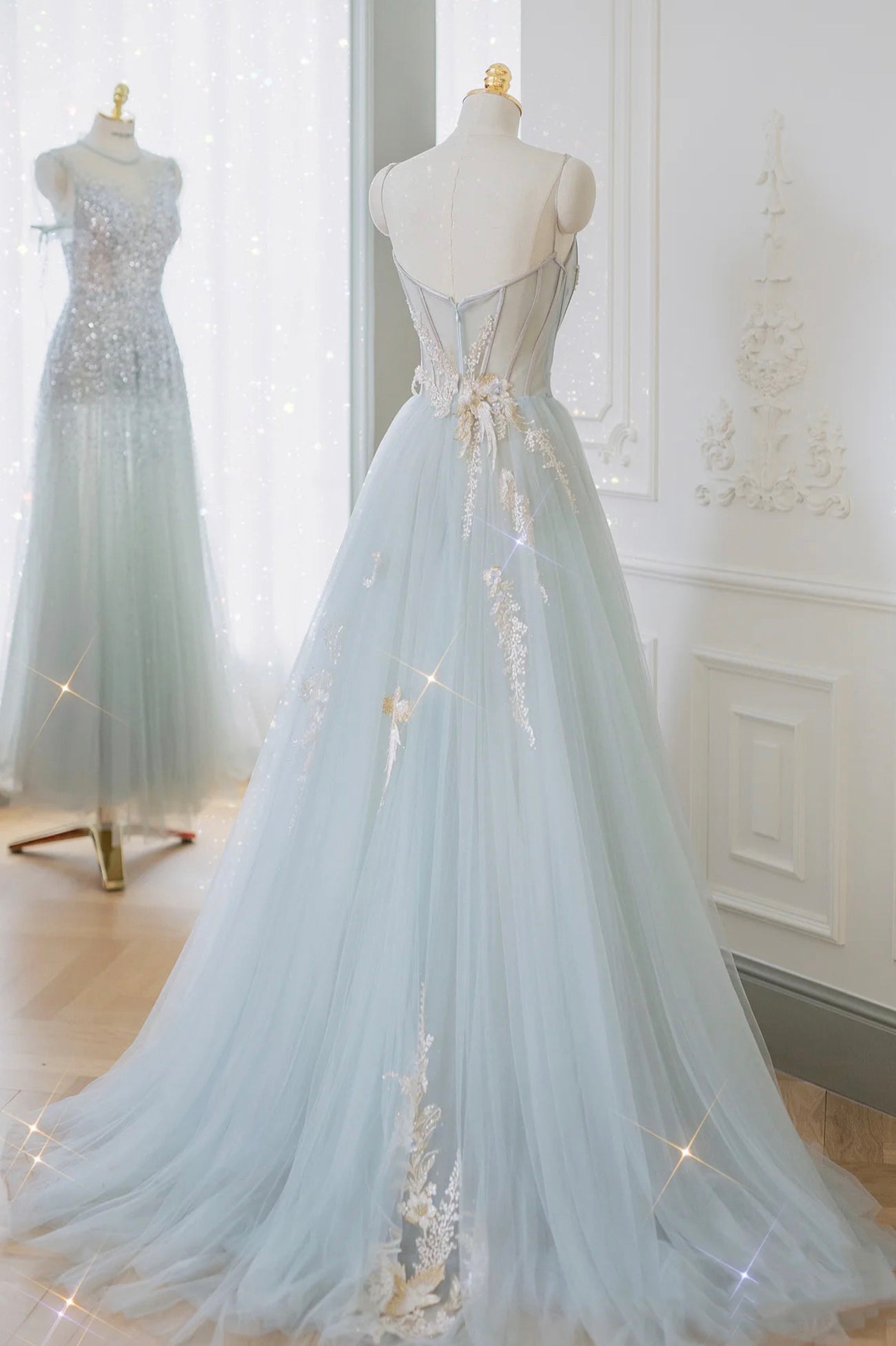 Formal Dresses For Fall Wedding, Blue Tulle Lace Long Prom Dress, A-Line Strapless Evening Dress
