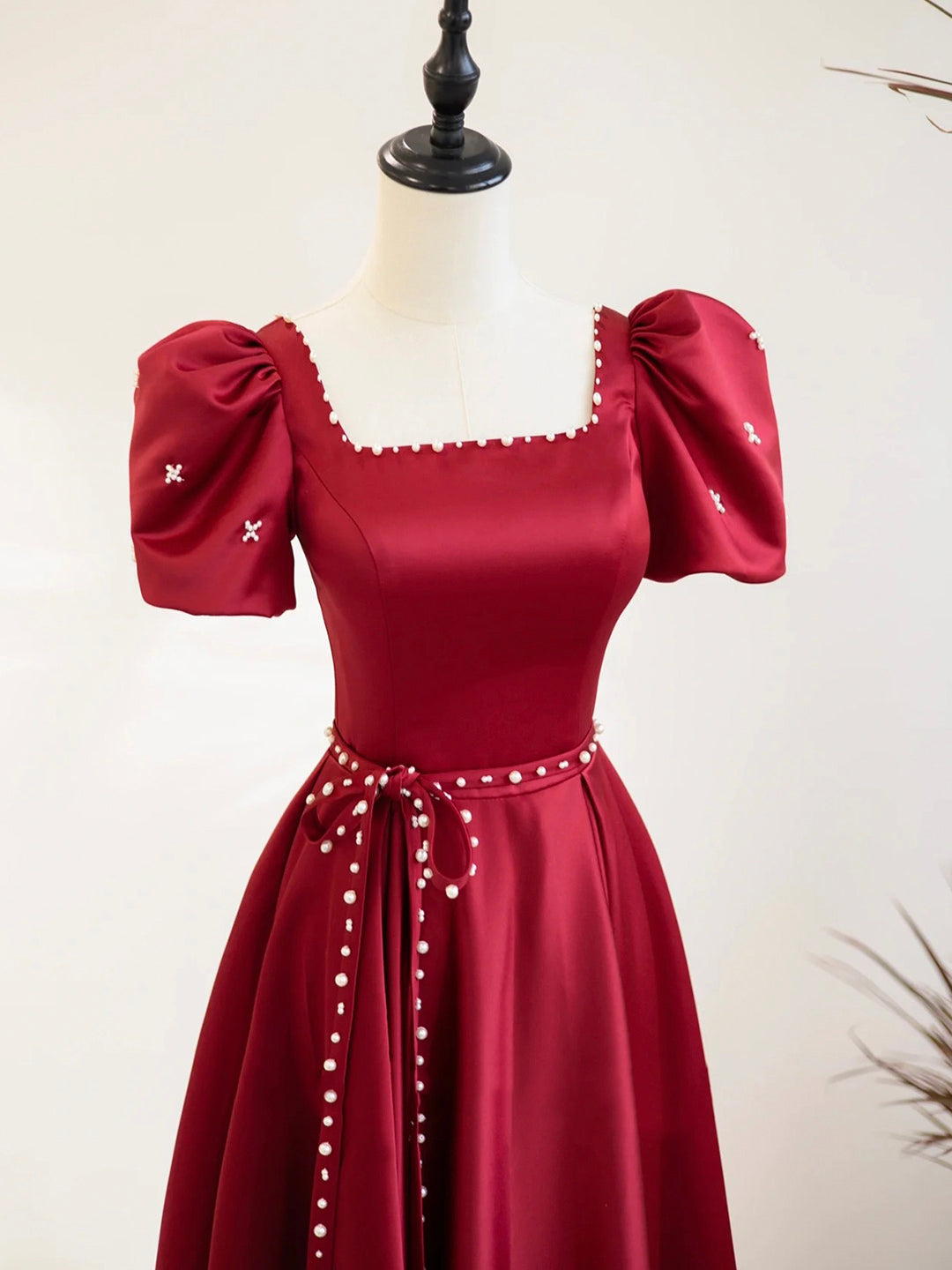 Party Dress For Over 64, Burgundy Satin Short Sleeve Floor Length Prom Dress, Burgundy Evening Dress with Pearls