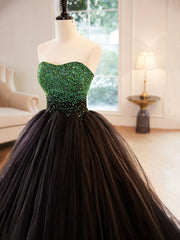 Prom Dresses Black, Black Strapless Tulle Long Prom Dress with Green Beaded, A-Line Formal Dress