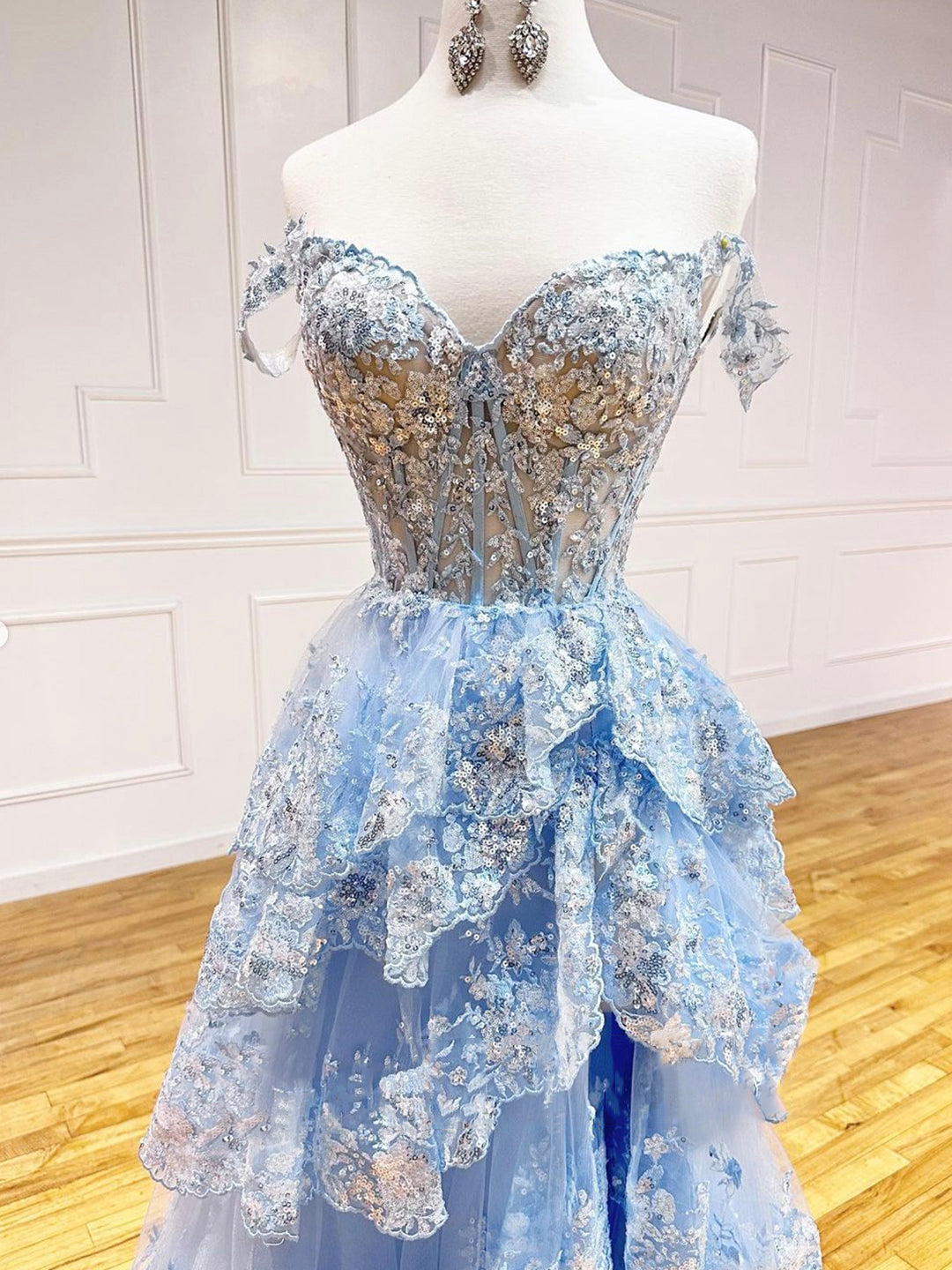 Formal Dress Shops, Blue Tulle Sequins Long Prom Dress, Beautiful Off Shoulder Evening Dress