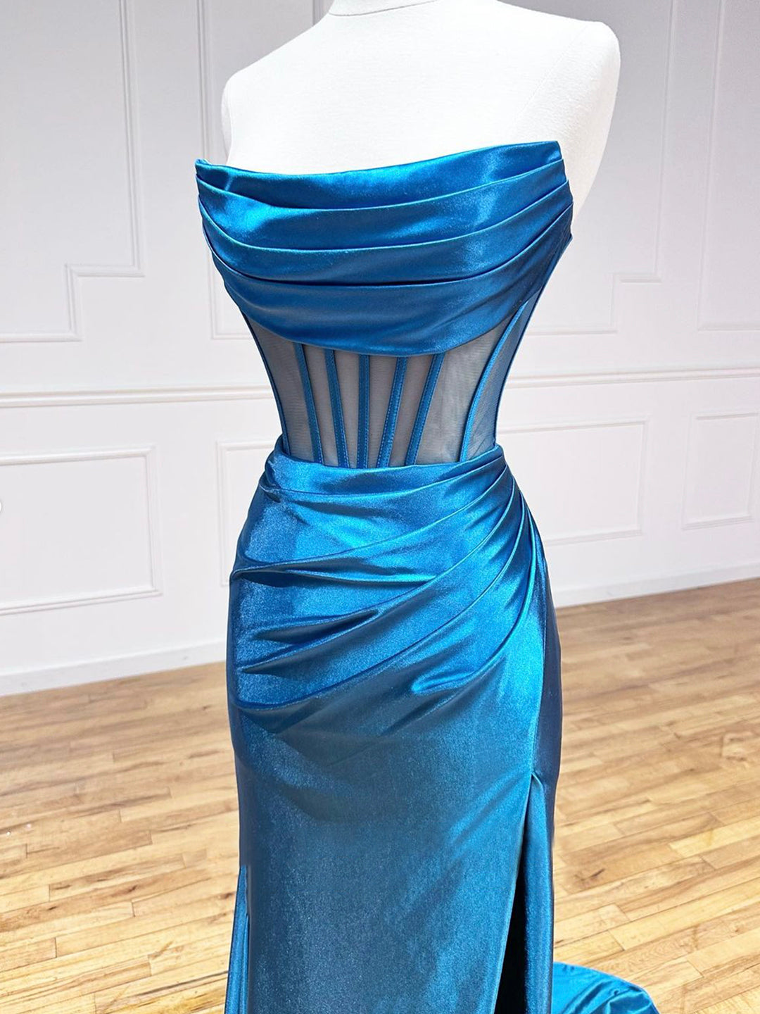 Evening Dresses Online, Blue Strapless Pleated Long Prom Dress, Blue Satin Party Dress