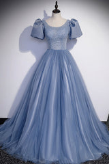 Formal Dress With Embroidered Flowers, Blue Tulle Beading Long Prom Dresses, A-Line Short Sleeve Evening Dresses