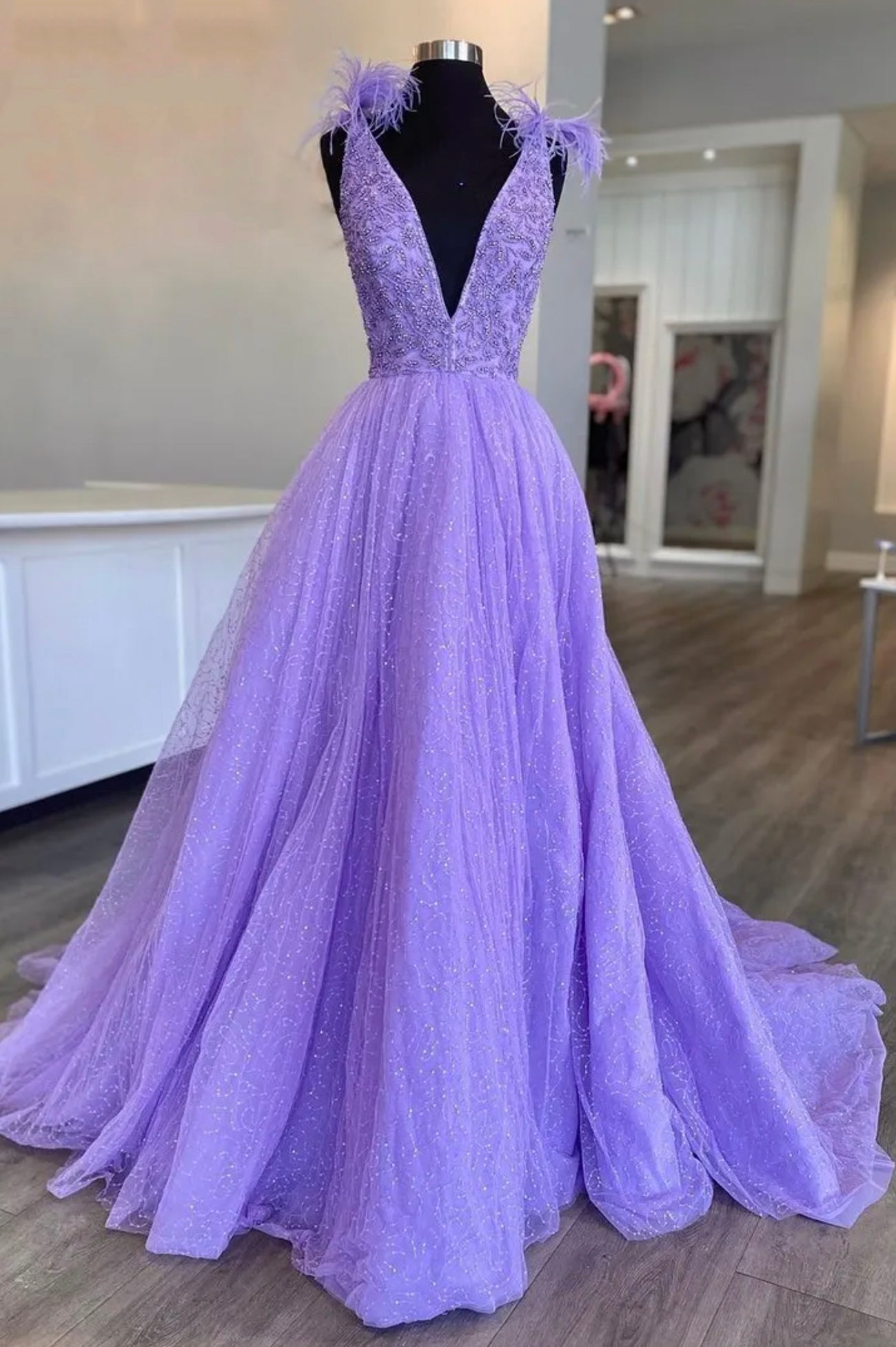 Evenning Dresses Long, Purple V-Neck Tulle Sequins Long Prom Dress, A-Line Evening Party Dress