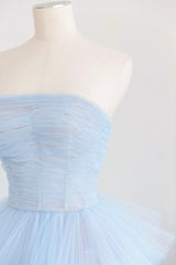 Homecoming Dress Elegant, Blue Layers Tulle Long Prom Dresses, A-Line Strapless Evening Dresses