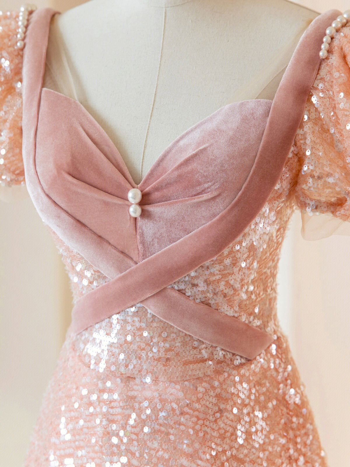 Prom Dress V Neck, Pink Sequins Long Prom Dress, Lovely A-Line Short Sleeve Evening Party Dress