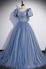 Floral Prom Dress, Blue Tulle Beading Long Prom Dresses, A-Line Short Sleeve Evening Dresses