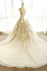 Prom Dress Lace, Long Champagne Strapless Tulle Lace Prom Dress, A-Line Evening Dress with Train