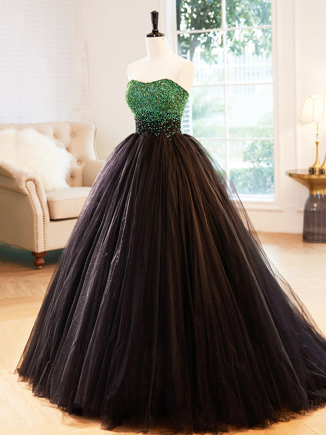 Prom Dresses Graduacion, Black Strapless Tulle Long Prom Dress with Green Beaded, A-Line Formal Dress