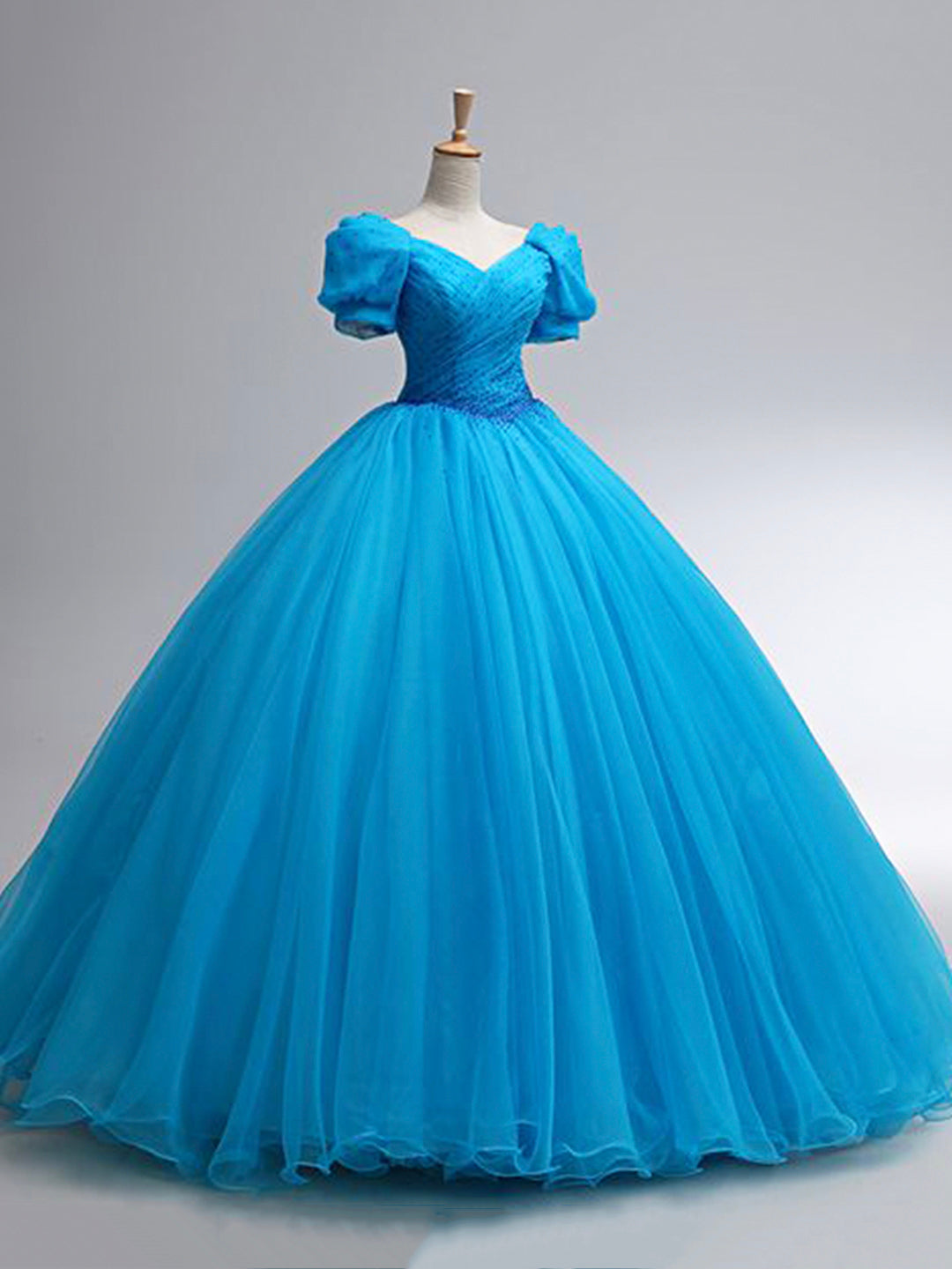Prom Dress Spring, Beautiful Blue Rhinestone Floor Length Prom Dress, A-Line Short Sleeve Evening Dress