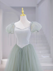 Prom Dresses White And Gold, Green Tulle Floor Length Prom Dress, Green Short Sleeve Evening Party Dress