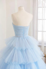 Homecoming Dresses Elegant, Blue Layers Tulle Long Prom Dresses, A-Line Strapless Evening Dresses