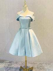 Formal Dresses For Fall Wedding, Simple Short Light Blue Satin Party Dress, Blue A-Line Off the Shoulder Evening Dress