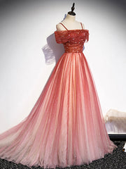 Party Dress Bridal, Burgundy Tulle Long Prom Dress, A-Line Off Shoulder Evening Dress