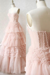 Homecoming Dress Fitted, Pink Tulle Lace Long Prom Dresses, A-Line Strapless Evening Dresses