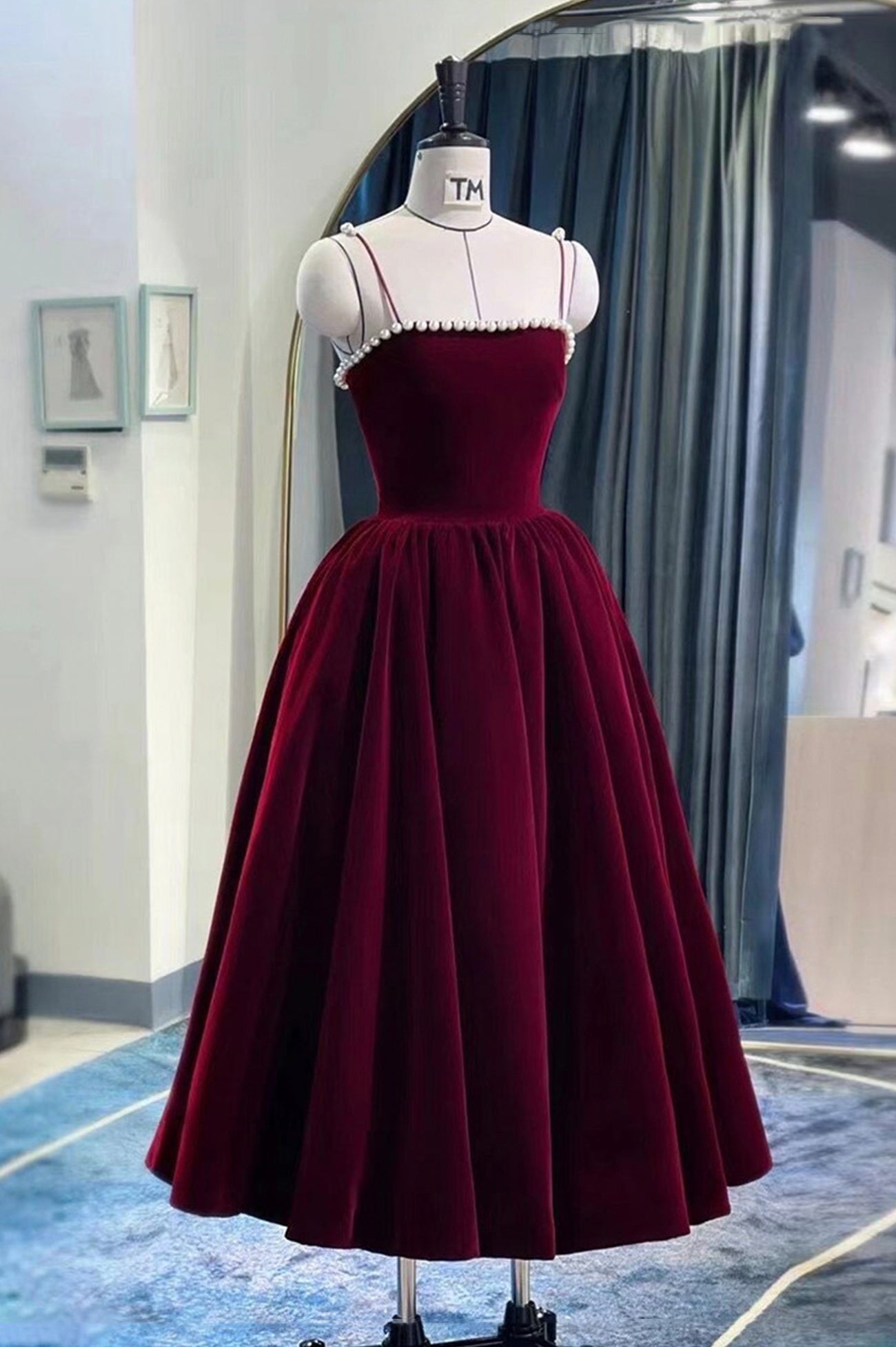 Party Dress And Gown, Burgundy Velvet Short Prom Dress, A-Line Party Dress with Pearls